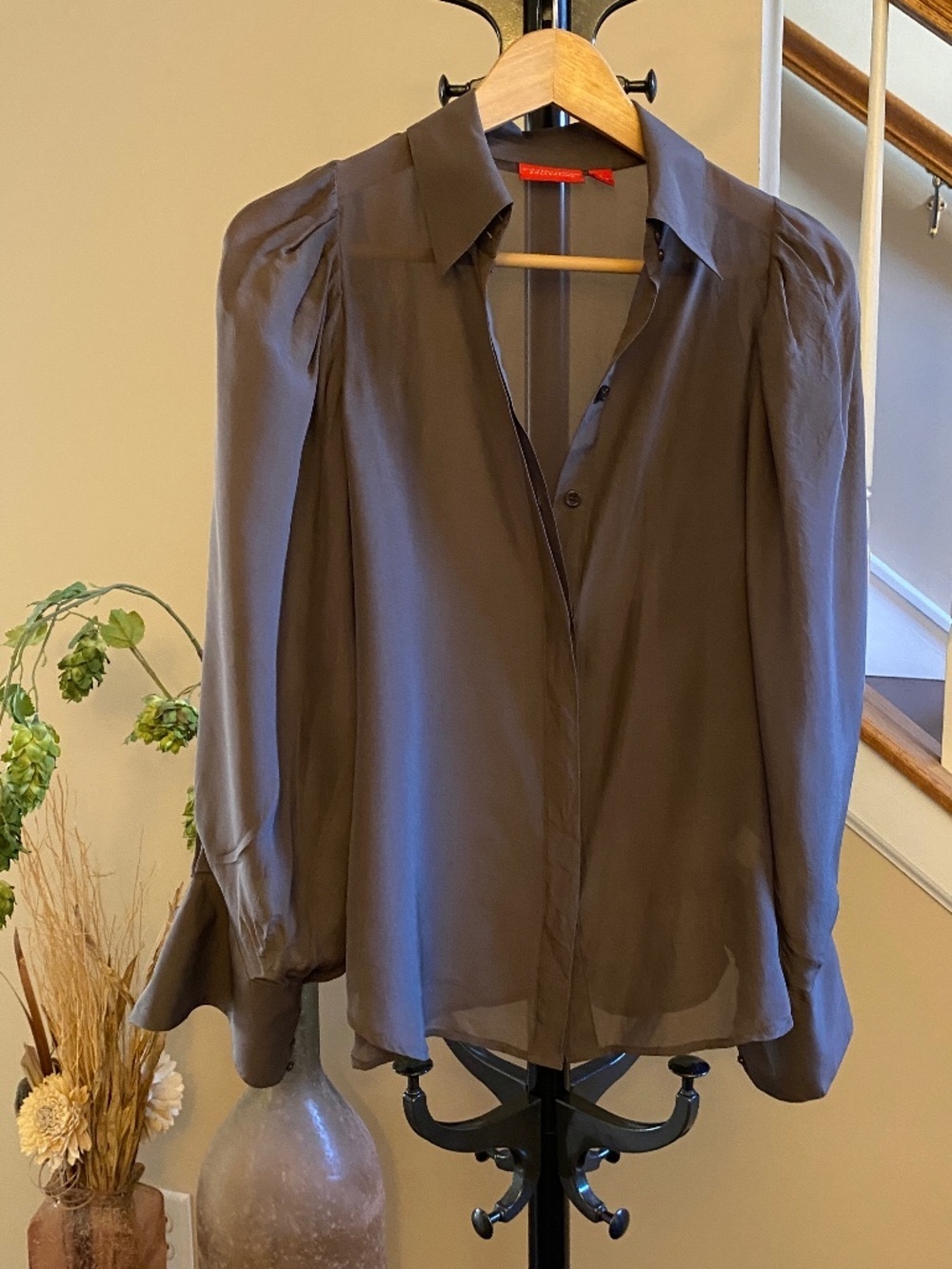 New York & Company Collection Sheer Silk Balloon Sleeves Shirt Dark Taupe Sz 6